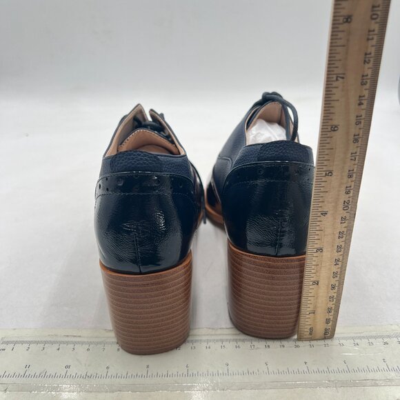 FOWT Blue Women's Perforated Lace-Up Oxfords Almond Toe Mid Chunky Heel Shoes - Picture 5 of 8